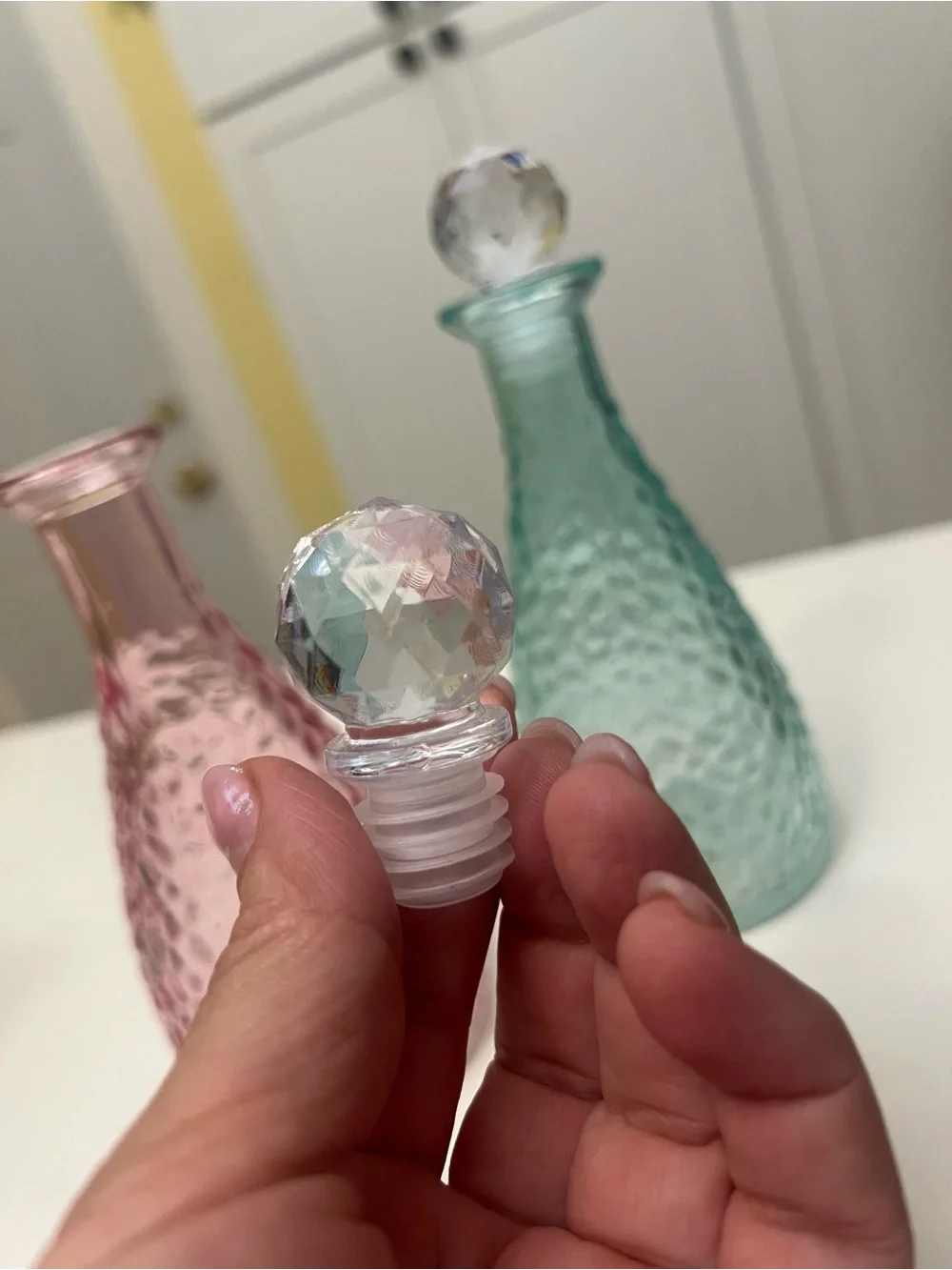 Set 2. Decorative Glass Hammered with Faceted Stopper - Pink and Aqua